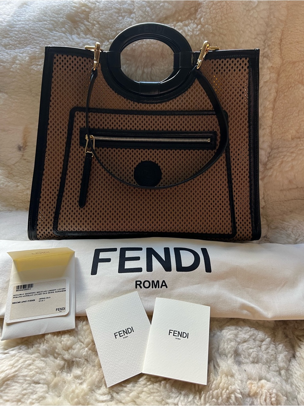 New Fendi Brown Perforated Bag Shopper with Black Trim and Round Handles